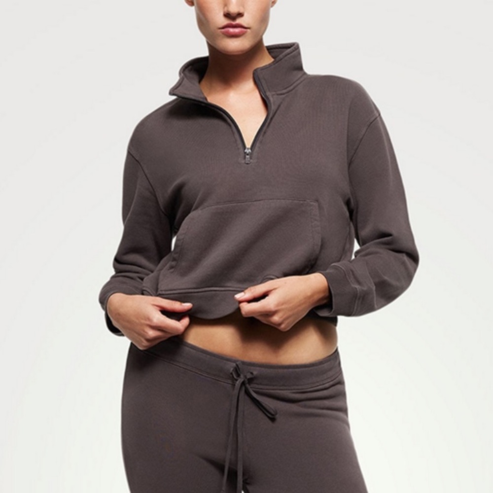 SKIMS French Terry Shrunken Half-Zip Sweatshirt Iron Brown - Size XXS